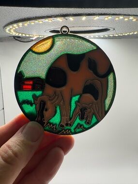 Source Unknown Brown & Green Cow Family Stained Glass Suncatcher
